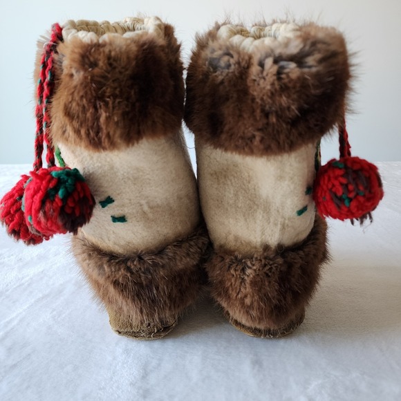 VTG Leather Moccasins Mukluks Native American Made Suede Fur Wool Embroidery 70s - Picture 8 of 16